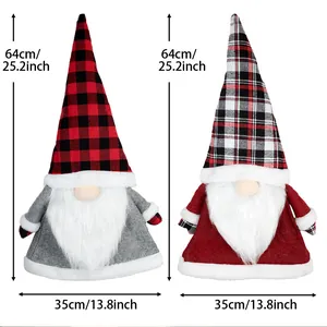 Detailed size view of plush Christmas gnome with red plaid hat and long white beard decor