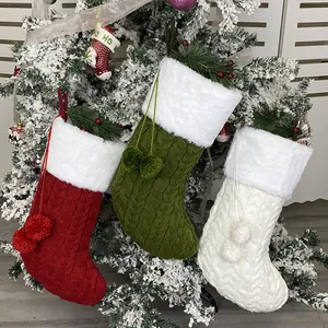 Cable Knit Wool Christmas Stocking With Faux Fur Trim And Pom Poms Holiday Decoration Bag Xmas Gift Bag Fireplace Hanging Decor