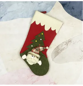 Detail of plush Christmas stocking featuring a 3D Santa and decorated tree appliqué