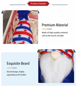 Detailed close-up of soft plush Independence Day gnome with red white and blue star hat