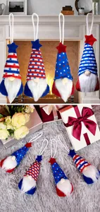 Close-up of July 4th gnome plush ornaments with patriotic stars and stripes design