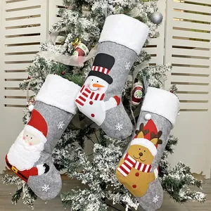 Felt Christmas Stockings Grey White Faux Fur Cuff Santa Snowman Reindeer Pattern Hanging Gift Bag Holiday Home Decoration
