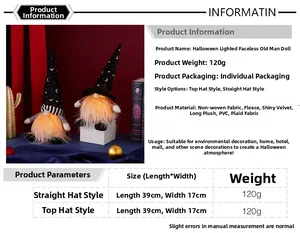 Close-up of lighted Halloween gnomes with star moon hats and dimensions 39x17cm