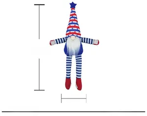 Detailed view of patriotic 4th of July gnome with long legs and 40.5cm height dimension