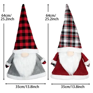 Set of 2 Christmas gnome tree toppers with plaid hats and long white beard 64cm height