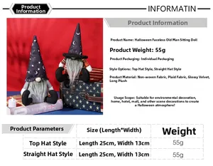 Gedetailleerde maattabel voor Halloween kabouters van 25cm met materiaal specificaties