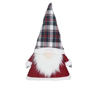 Christmas gnome topper with red velvet coat and black and white plaid pointed hat