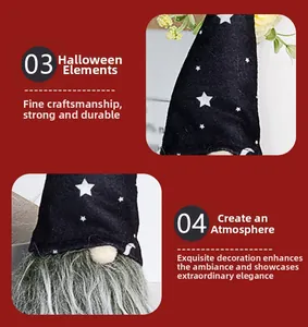 Detail of Halloween gnome featuring black star-patterned hat and long plush beard texture