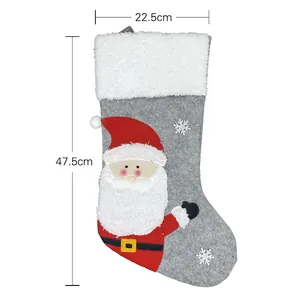 Grey felt Santa Claus Christmas stocking with white snowflake details and size measurements