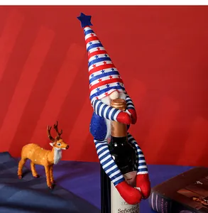 Patriotic gnome wine bottle cover with star hat and striped legs for Independence Day
