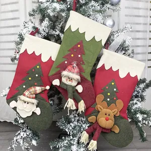 Set of 3 Christmas stockings with Santa Snowman and Reindeer 3D embroidery on tree