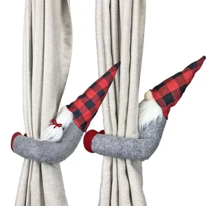 Christmas gnome curtain tiebacks with red buffalo plaid hats and white faux fur beards set