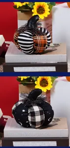 Detail van Halloween stoffen pompoenen met strepen, sterren en maan patronen