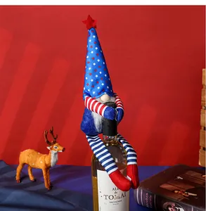 Detail of red white and blue Independence Day gnome decor as a festive bottle topper