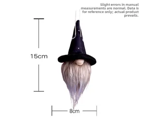 Close-up of Halloween gnome hanging ornament with stars, moon hat and 15cm size detail