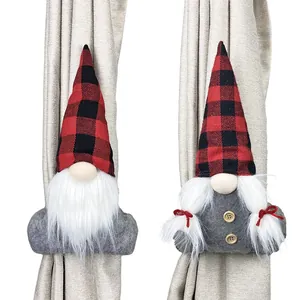 Festive red and black plaid Christmas gnome curtain tiebacks set for holiday window decor