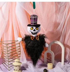 Detailed view of Halloween ghost skeleton plush with purple top hat and orange bow tie