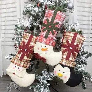 3D Applique Christmas Stocking Plaid Fabric Fleece Santa Snowman Penguin Hanging Xmas Tree Ornament Festive Gift Bag Home Decor