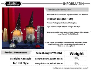 Specifiche dimensionali dello gnomo di Halloween luminoso di 58cm con dettagli sui materiali