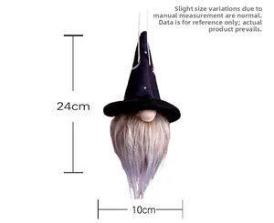 Detail van Halloween pluche kabouter met sterrenmuts en 24 cm hoogte afmetingen