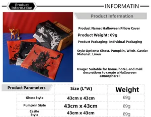 Tabella taglie dettagliata per fodere per cuscini di Halloween in lino con motivi