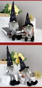 Detail of Halloween gnomes featuring moon star hats and striped long legs for decor