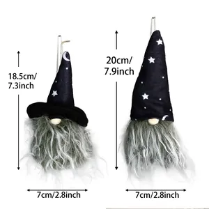 Detailed size comparison of black Halloween gnomes with star moon patterns and grey beards