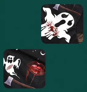 Detail van de Halloween stoffen zak met spookprint, bijl en maanpatronen erop