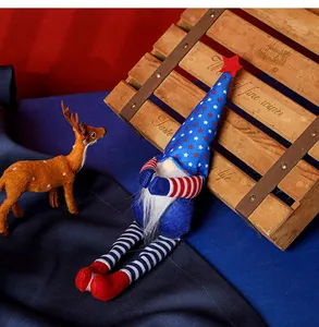 Close-up of patriotic gnome plush with striped long legs and star-patterned hat details
