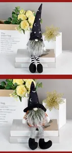 Detail of Halloween gnome decor with star-patterned witch hat and long striped legs
