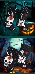 Macro view of Halloween decorative stockings with skull and ghost prints for scary scenes