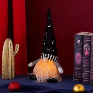 Halloween glowing gnome plush with moon star hat and LED lighted orange beard decoration