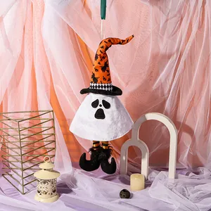 Hanging Halloween ghost decoration with orange witch hat and striped legs for party decor