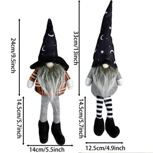 Detail showing dimensions of two Halloween gnomes with pointy hats and long striped legs