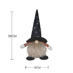 Halloween glowing gnome plush with moon and stars wizard hat and plaid arms, 39cm height