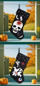 Detail of Halloween hanging socks with skull and ghost prints for spooky party decor