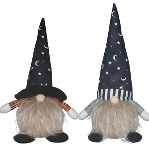 Set of two glowing Halloween wizard gnomes with moon and star hats for home decoration