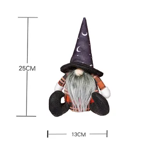 Halloween faceless gnome with black moon hat and red plaid outfit, 25cm height dimension