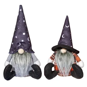 Handmade Halloween gnomes set with wizard star hat and orange plaid fabric ornaments