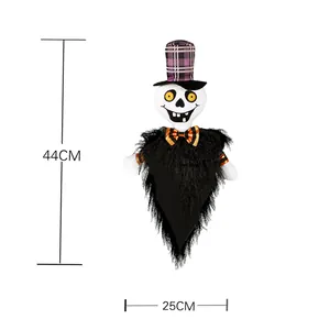 Hanging Halloween ghost ghost with purple hat and black feathers for haunted house decor