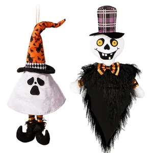 Hanging Halloween ghost and skeleton dolls with wizard hats for festive haunted house decor
