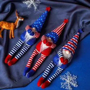 Three USA Independence Day gnomes with stars and stripes patterns on blue background