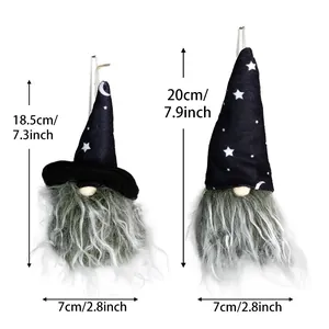 Halloween gnome plush ornaments with star patterns and size measurements on white background