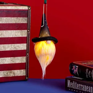 Lighted Halloween gnome ornament with moon star wizard hat and glowing beard for decor