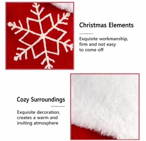 Detail of red knitted fabric with white snowflake embroidery and plush faux fur trim
