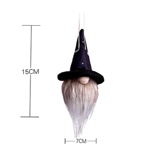 Halloween lit gnome doll with black star wizard hat and long gray beard 15cm