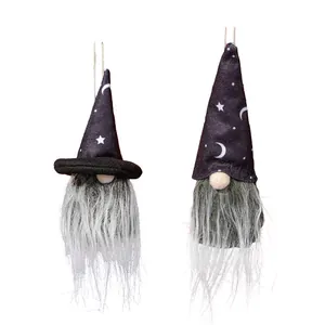 Set of two Halloween witch gnomes with starry black hats and white plush long beards