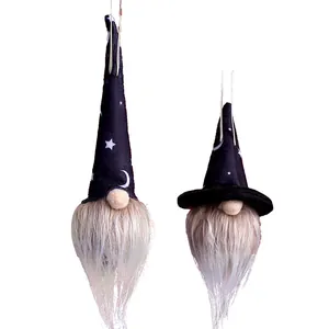 Set of two Halloween hanging gnomes with LED lights and star pattern wizard hats