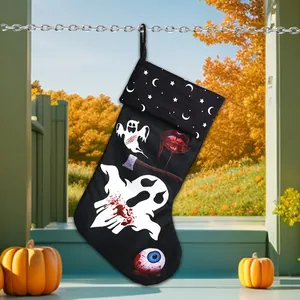 Halloween skull and ghost print hanging sock decoration with black fabric and loops