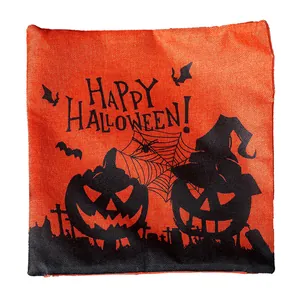 Federa per cuscino Halloween in lino arancione e nero con zucca su sfondo bianco